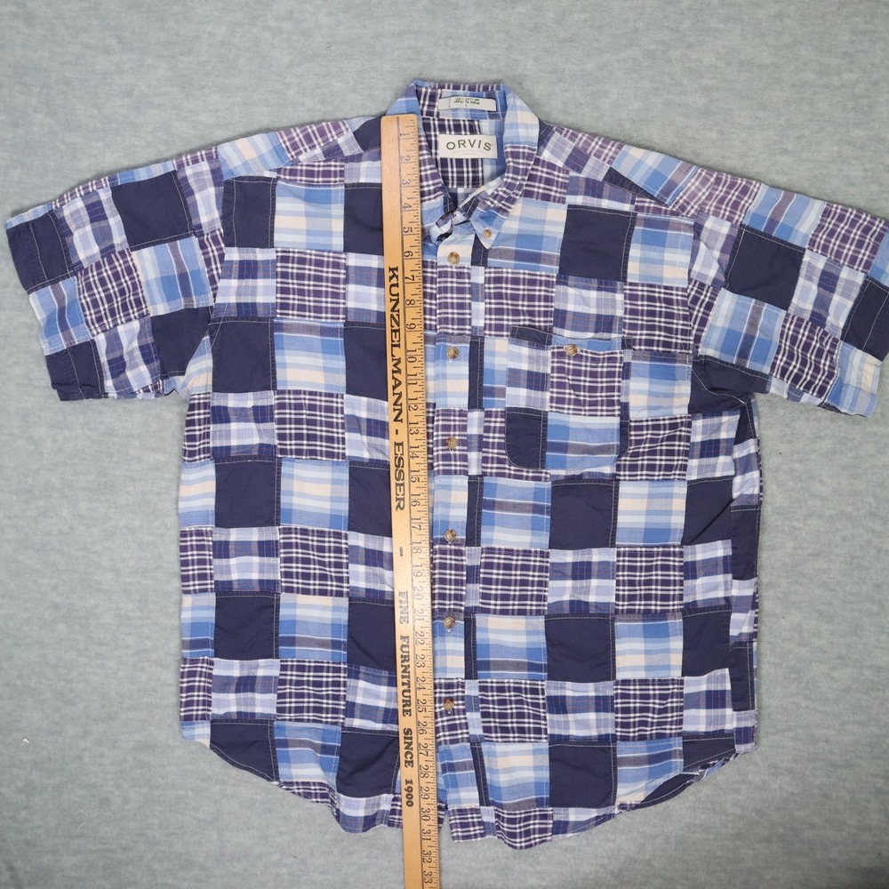 Vintage ORVIS Patchwork Madras Chambray Plaid Short Sleeve Shirt Mens Sz L Blue - Picture 5 of 5